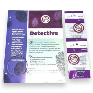 Girl Scout Junior Detective Badge Requirement Pamphlet and 2 badges